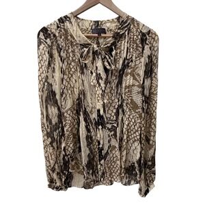 Hale Bob Silk Blouse Sz S Brown Animal‎ Print Tie Neck Pleated Long Sleeve Snake
